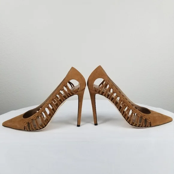 Tamara Mellon Tan Neutral Suede Braided Pointed Toe Pump Heels Size 8 - Picture 7 of 12